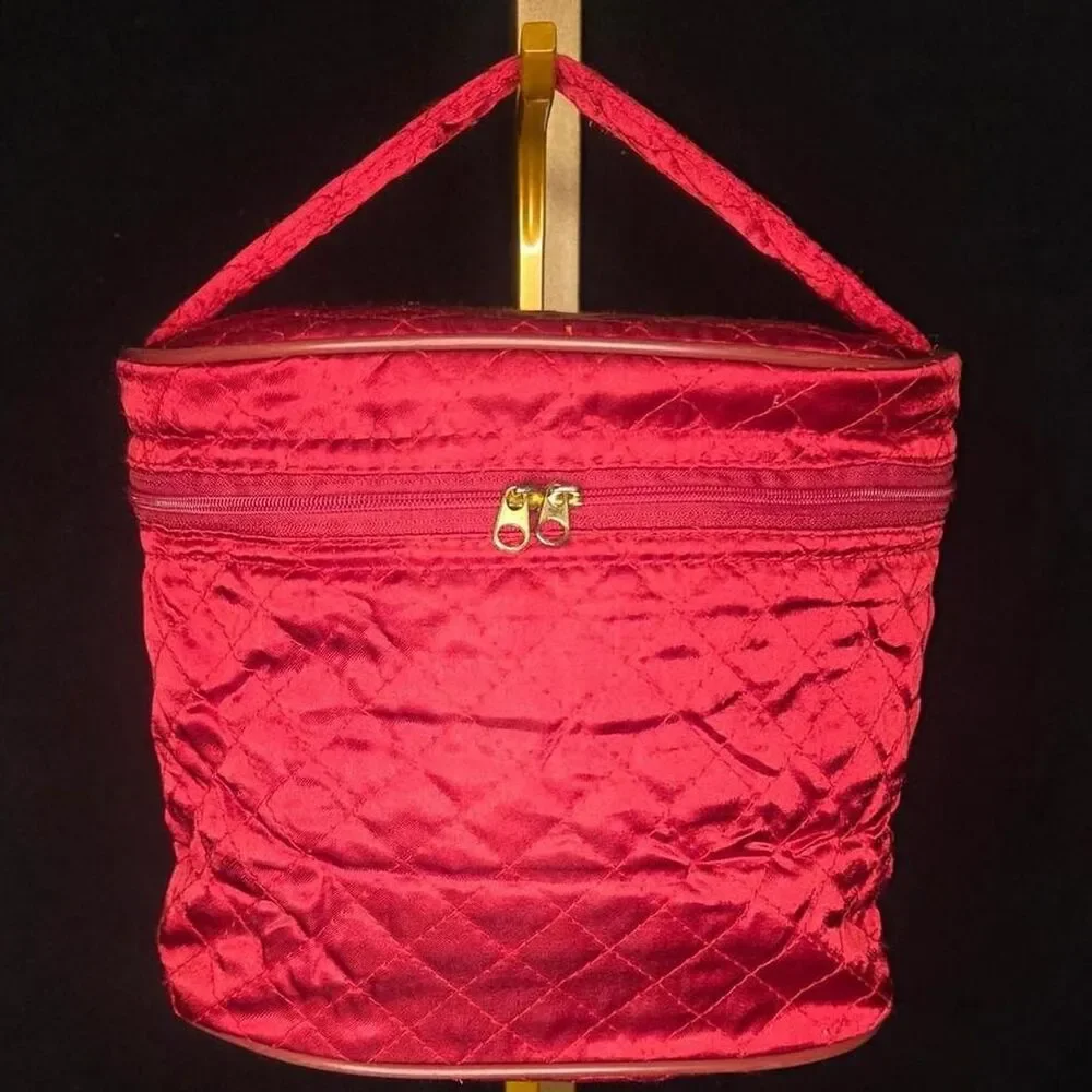 Red Quilted Makeup Train Case Cosmetic Travel Organizer Zip Carry Bag